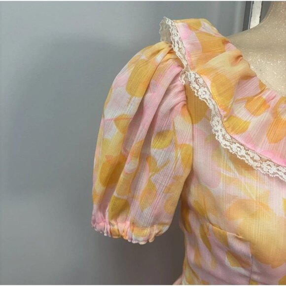 Vintage Handmade Dress Small Orange Floral Airy Cotton Fit Flare Puff Sleeve - Picture 9 of 10